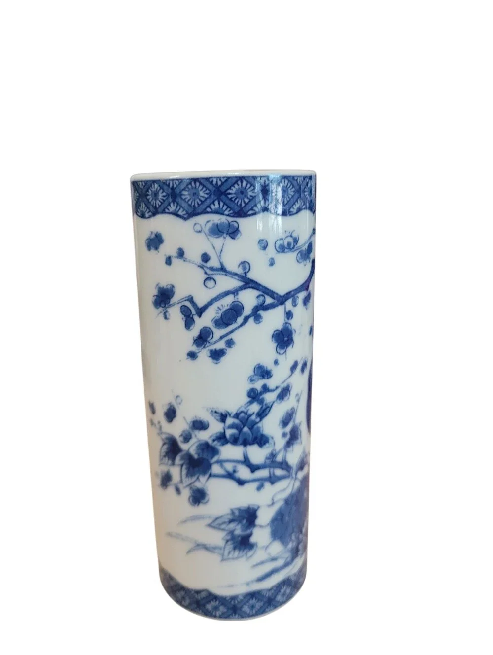 Vintage Blue and White Porcelain Cylinder Vase Bird Floral Made In Japan 6 In